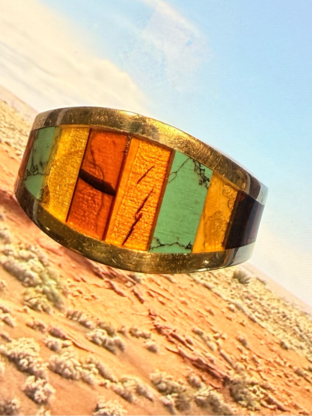 A Vintage Gorgeous Native American Ring. With Baltic Amber & Crushed Turquoise